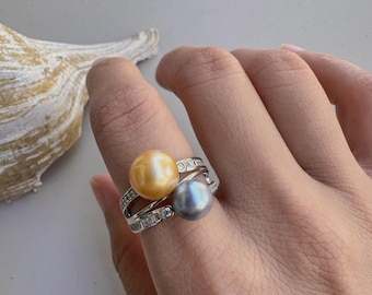 Golden South Sea & Akoya Pearl Toi et Moi Ring - 925 Silver Adjustable (Size 7-9)
