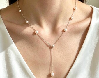 Dainty Floating Pearl Station Necklace, 925 Sterling Silver Tin Cup Chain, Delicate Y Necklace Lariat, Everyday Gift for Women