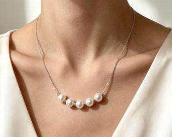 Delicate Freshwater Pearl Smile Necklace, Dainty 925 Sterling Silver Pearl Choker, Minimalist Everyday Jewelry, Bridesmaid Gift for Her