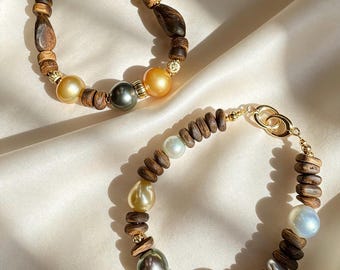 Multi-Color Saltwater Pearl Bracelet with Agarwood, South Sea Gold & Tahitian Pearl Zen Jewelry