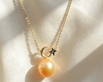 10mm Genuine Golden South Sea Pearl Moon Star Necklace, 18K Gold Plated S925 Silver Celestial Necklace, Gift for Her