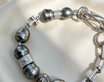 Gothic Tahitian Pearl Bracelet – 10mm Circlé Baroque Pearls, Cross Charms, Chunky Chain