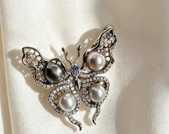 Rare Genuine Saltwater Tahitian Keshi Pearl Butterfly Brooch Pin