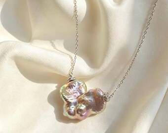Giant Iridescent Baroque Pearl Pendant, Organic Heart Statement Necklace