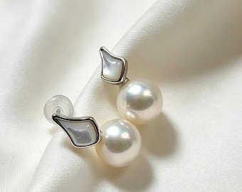 Modernist Pearl Drop Earrings | Sterling silver| 9mm Freshwater Pearls