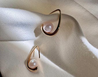 Modernist Pearl Hoop Earrings | Genuine Akoya Pearl Drop