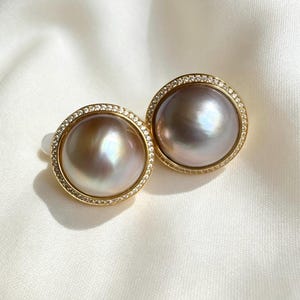 16mm Large Seawater Mabe Pearl Earrings | Unique Silver Grey Pearl Studs | Modern Vintage Statement, Minimalist Gift for Her