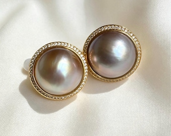 16mm Large Seawater Mabe Pearl Earrings | Unique Silver Grey Pearl Studs | Modern Vintage Statement, Minimalist Gift for Her