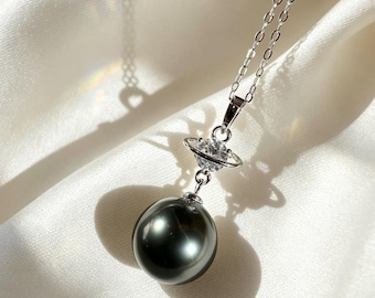 11mm Genuine Tahitian Black Pearl Planet Pendant Necklace, 925 Sterling Silver