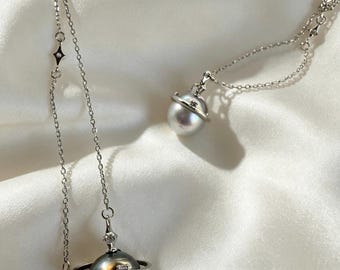 Real Saltwater Pearl Saturn Necklace, S925 Silver Celestial Orbit Necklace, Y2K Space Jewelry Gift for Her