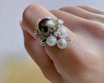 Tahitian Black Pearl Cluster Ring - Adjustable 925 Sterling Silver