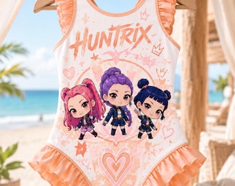 Huntrix Chibi Girls One Piece Swimsuit, Kids Ruffle Bathing Suit, Cute KPop Inspired Anime Swimwear, Summer Beach Pool Outfit Gift