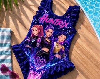 Huntrix Galaxy Girls One Piece Swimsuit, Kids Ruffle Bathing Suit, KPop Anime Swimwear, Cute Summer Beach Pool Outfit Gift