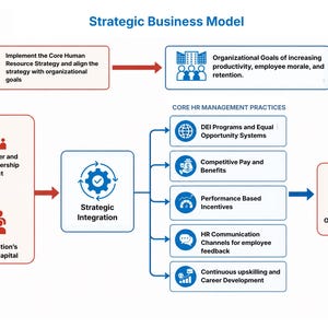 May include: A Strategic Business Model flowchart illustrating HR management practices. It features boxes for Core Human Resource Strategy, Organizational Goals, HR manager impact, Strategic Integration, and Core HR Management Practices leading to positive outcomes.