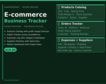 E-commerce Business Tracker Notion Template | Products Orders Expenses Supplier Dashboards | Instant Downloads