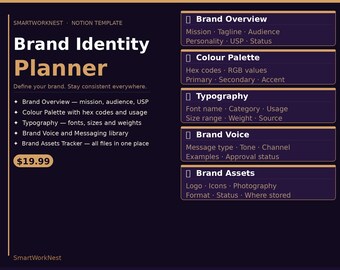 Brand Identity Planner Notion Template | Colour Palette Typography Brand Voice Assets Tracker Dashboard