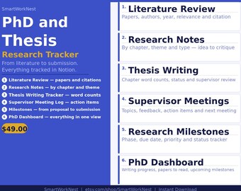 PhD Thesis Research Tracker Notion Template | Literature Review, Notes, Writing (Digital Download)