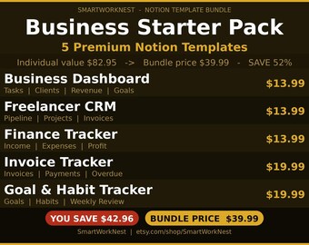 Notion Template Bundle Business Starter Pack | 5 Templates Business Dashboard CRM Finance Invoice Goal Tracker