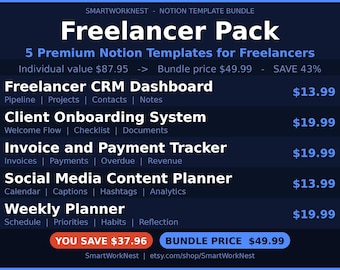 Notion Template Bundle Freelancer Pack | 5 Templates CRM Client Onboarding Invoice Social Media Weekly Planner
