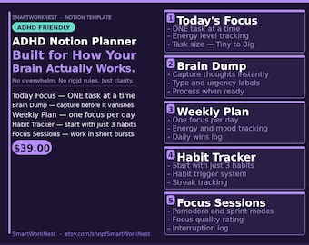 ADHD Notion Planner | Daily Focus, Brain Dump, Habit Tracker (Digital Download)