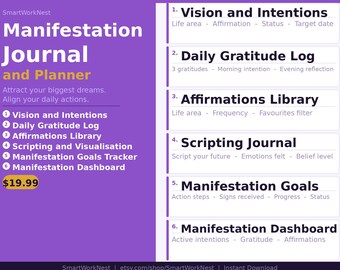 Manifestation Journal Notion Template | Law of Attraction Planner Gratitude Log Affirmations Vision Board Goals