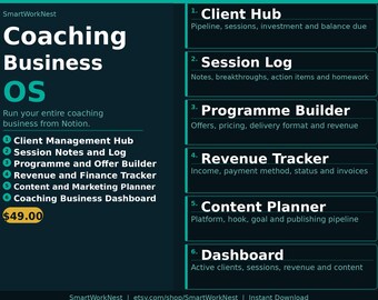 Coaching Business OS Notion Template | Coach Client Management Session Notes Programme Builder Revenue Tracker