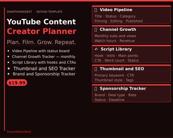 YouTube Content Creator Planner Notion Template | Video Pipeline Script Library Channel Growth Sponsorship Trackers