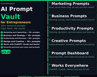 AI Prompt Vault Notion Template | 200 ChatGPT Prompts for Entrepreneurs Marketing Business Copywriting Productivity