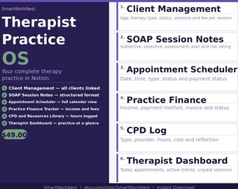Therapist Practice OS Notion Template | Counsellor Client Management SOAP Notes Appointment Scheduler CPD Tracker