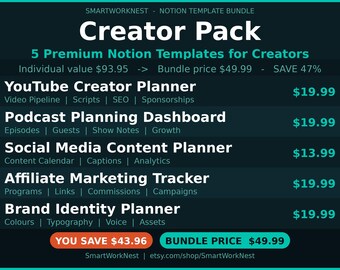Notion Template Bundle Creator Pack | 5 Templates YouTube Podcast Social Media Affiliate Brand Identity