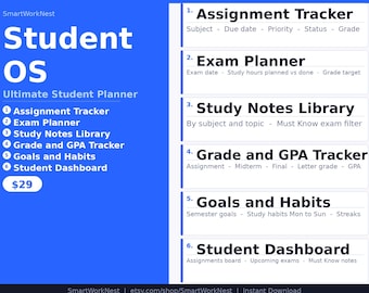 Student OS Notion Template | Assignment, Exam, Grade Tracker (Digital Download)