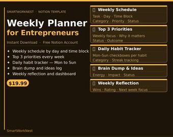 Weekly Planner for Entrepreneurs Notion Template | Weekly Schedule Priorities Habits Brain Dump Reflections