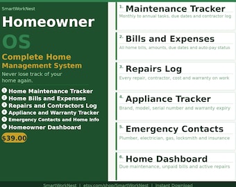 Homeowner OS Notion Template | Home Maintenance Tracker Bills Repairs Appliance Warranty Emergency Contacts