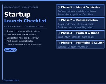 Startup Launch Checklist Notion Template | Idea Validation Business Setup Product Brand Marketing Launch