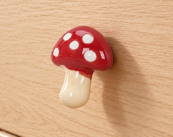 Mushroom Cabinet Knob | Ceramic Drawer Pull with Brass Base, Whimsical Kids Room Dresser Handle