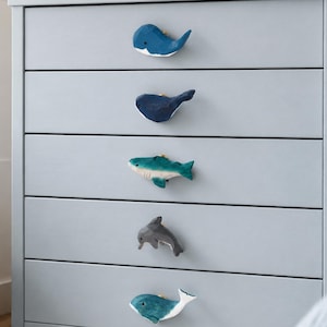 Hand Carved Wooden Whale & Dolphin Drawer Knobs | Nautical Ocean Animal Cabinet Pulls ,Unique handles