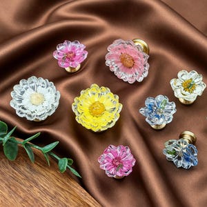 May include: A collection of eight flower-shaped cabinet knobs featuring translucent petals in shades of pink, yellow, white, and blue. Each knob is attached to a circular brass-toned metal base, showcasing detailed floral textures and centers.