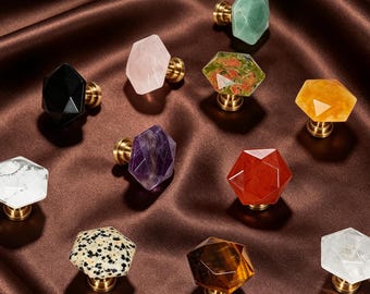 Natural Faceted Crystal Stone Cabinet Knobs, Solid Brass Base Drawer Pulls, Unique Kitchen knobs