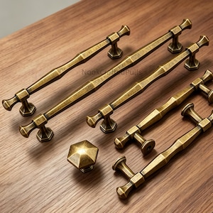 Vintage Antique Brass Cabinet Pulls,  Hexagon Drawer Handles, Retro Kitchen Cabinet Hardware