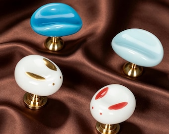 Bunny & Pebble Ceramic Drawer Knobs, Solid Brass Base Cabinet Pulls,Unique Kitchen Cupboard Knob