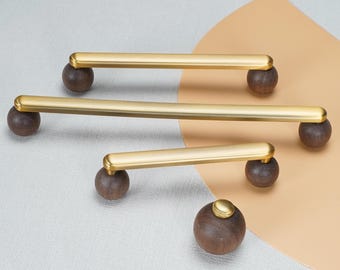 Walnut Wood Drawer Pulls with Antique Brass | Modern Minimalist Cabinet Handles,Dresser knobs