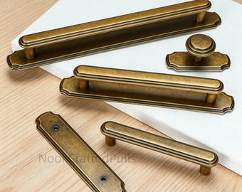 Vintage Brass Cabinet Pulls & Knobs, Antique  Drawer Handles with Backplate,Retro Kitchen Cabinet Hardware,