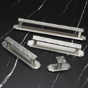 Brushed Nickel Wavy Drawer Pulls, Kitchen Cabinet Handles with Backplate, Decorative Dresser Knobs