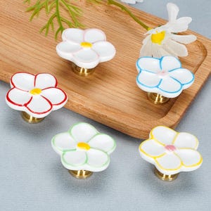 Ceramic Flower Drawer Knobs | Brass Base Cabinet Pulls, Floral Dresser Knob, Kitchen handle