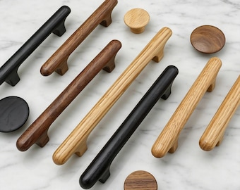 Wood Cabinet Pulls, Walnut / Black White Oak Drawer Handles, Wooden Minimalist Kitchen  Knobs Hardware