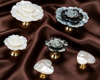 Pearl Cabinet Knobs, Brass Drawer Pulls, Floral Rose & Heart Dresser Knobs, Shell Cupboard Handles