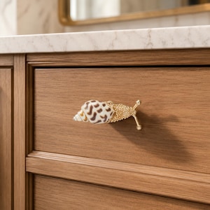 May include: A cabinet knob shaped like a snail, featuring a natural brown and white patterned seashell for the shell and a textured gold-toned metal body with two antennae extending outward, mounted on a wooden drawer front.
