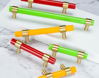 Red Yellow Green Acrylic Kitchen Cabinet Handles , Drawer Pulls  Knobs Hardware,Brass / Black /  Chrome