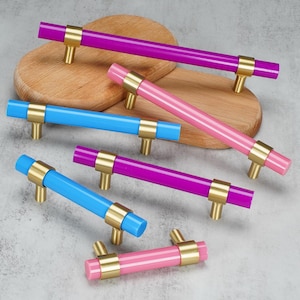 Könnte beinhalten: Eine Sammlung von Schrankgriffen mit zylindrischen Stangen aus leuchtend violettem, rosa und blauem Acryl, die jeweils mit zwei Befestigungspfosten aus gebürstetem Goldmetall versehen sind. Die Beschläge sind in verschiedenen Längen angeordnet.