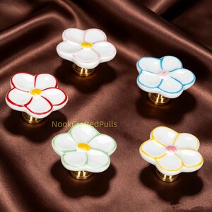 Ceramic Flower Drawer Knobs | Brass Base Cabinet Pulls, Floral Dresser Knob, Kitchen handle